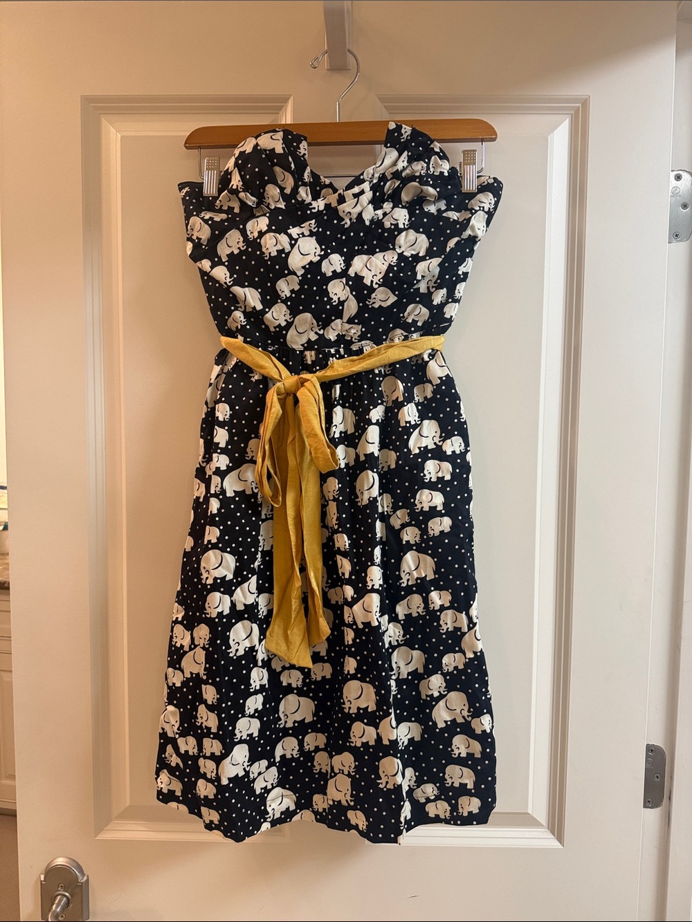 Black and white Elephant Print Dress with Yellow/Gold Sash Accent